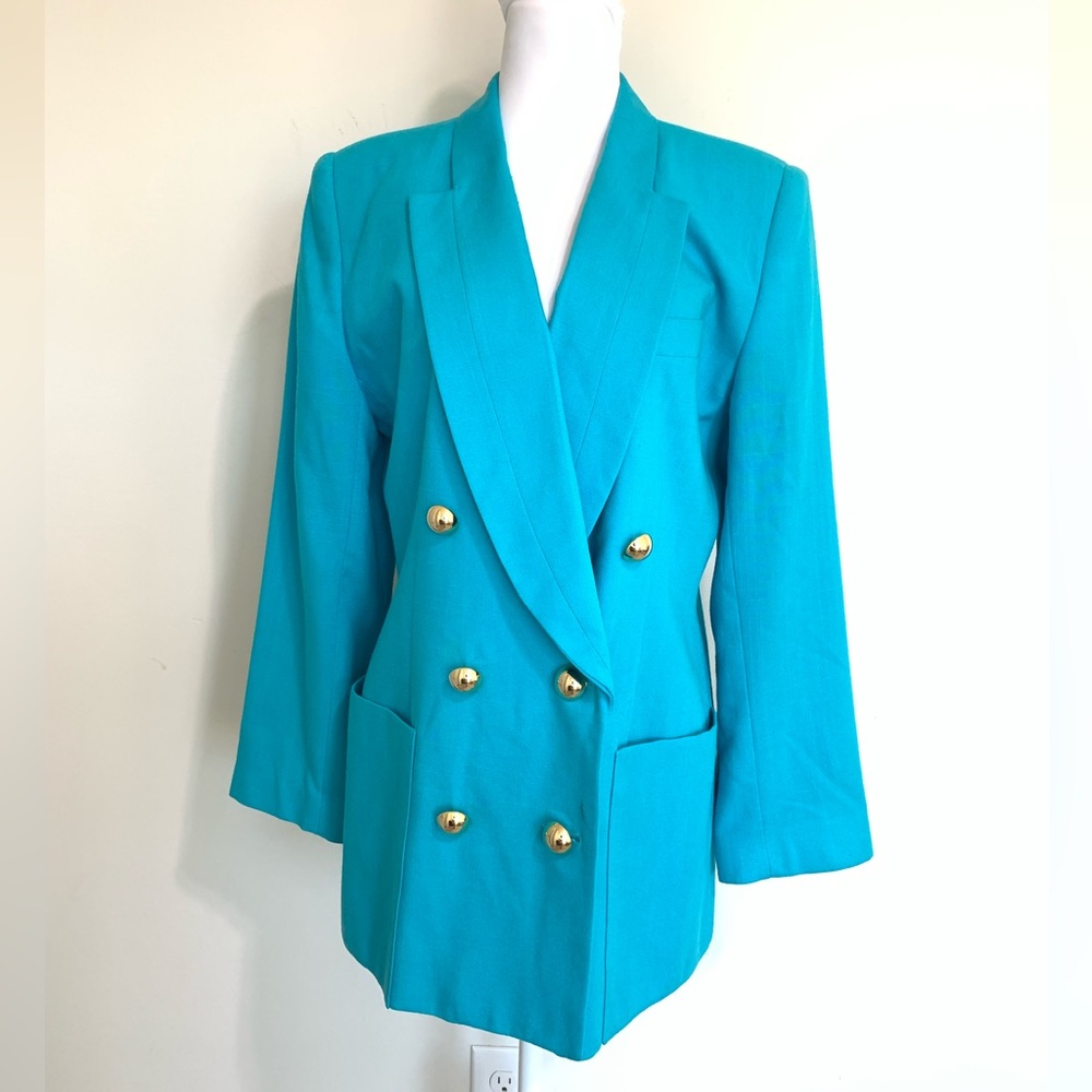 BN1 Oleg Cassini Statement Blazer Blue‎ Gold Button Women Sz 10 Vintage